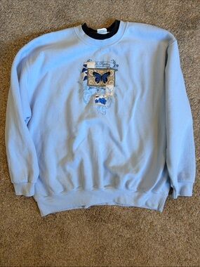 Country storeLight Blue Crewneck Sweater with Blue Butterfly Embroidery vintage
